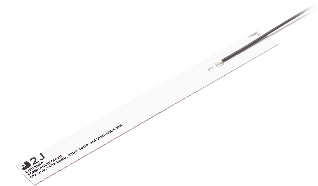 2J Antennas, 单个内部天线,粘接式安装柔性,高性能 5GNR/4GLTE/3G/2G 柔性聚合物胶粘剂天线
