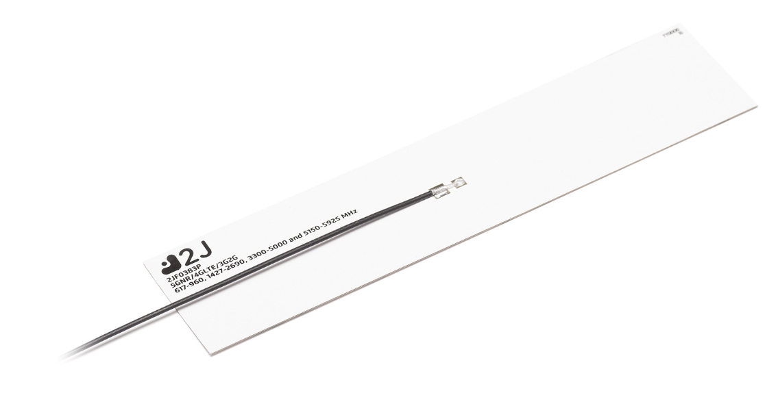 2J Antennas, 单个内部天线,2JF0383P,粘接式安装柔性,高性能 5GNR/4G LTE/3G/2G 柔性聚合物胶粘剂天线