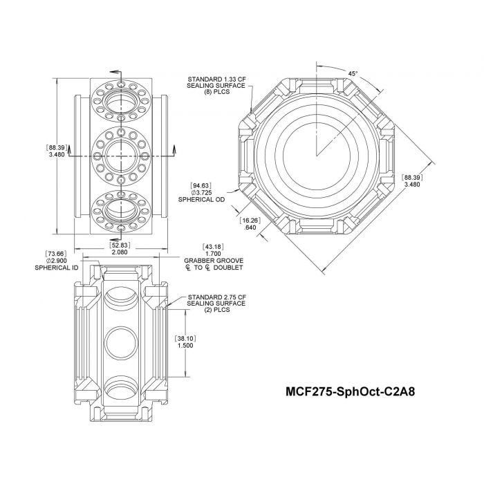 美国Kimball Physics Multi-CF™ 2.75英寸球形八边形（具有外部安装能力）-真空室 MCF275-SphOct-C2A8 真空腔