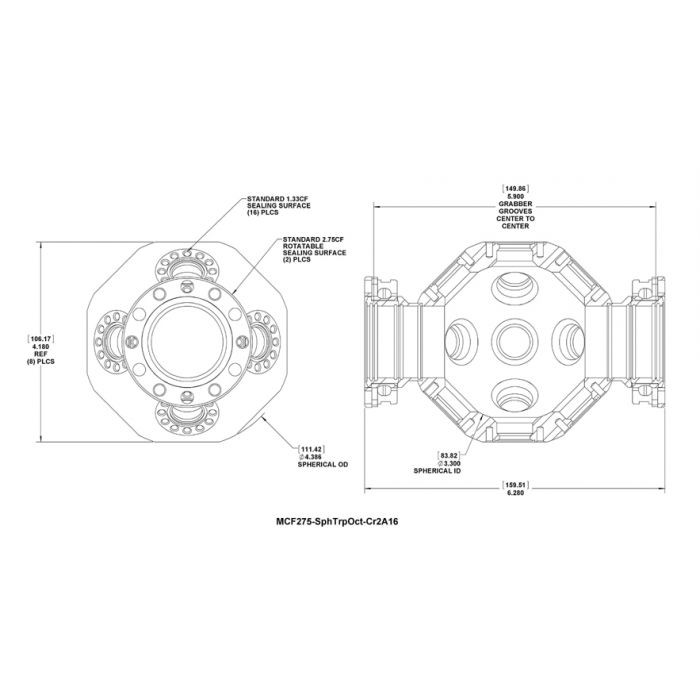 美国Kimball Physics Multi-CF™ 2.75英寸可旋转球形三边形八角形 真空室 MCF275-SphTrpOct-Cr2A16 真空腔