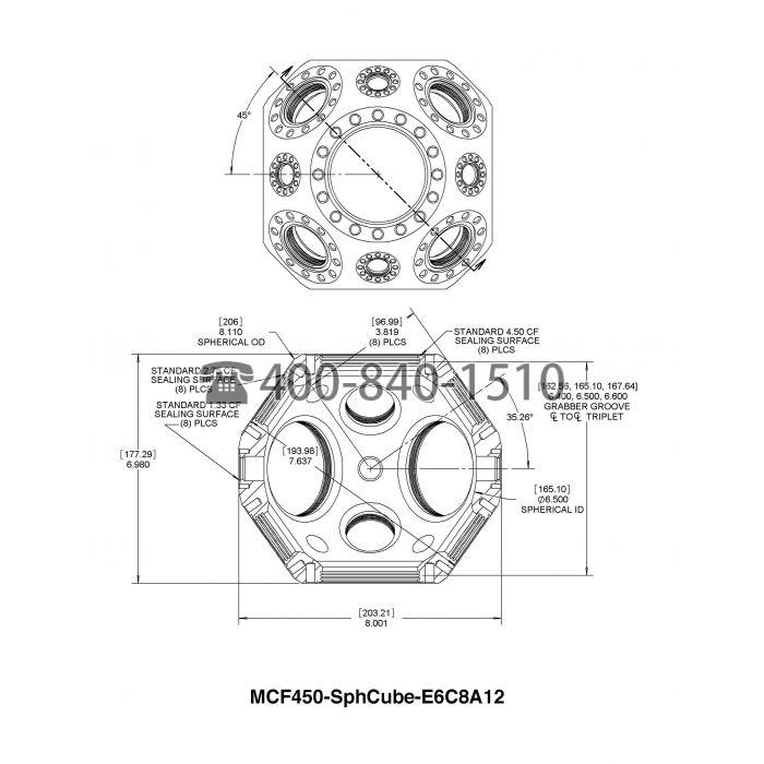 美国Kimball Physics Multi-CF™ 4.50英寸球形立方体（扩展版）-真空室 MCF450-SphCube-E6C8A12 真空腔