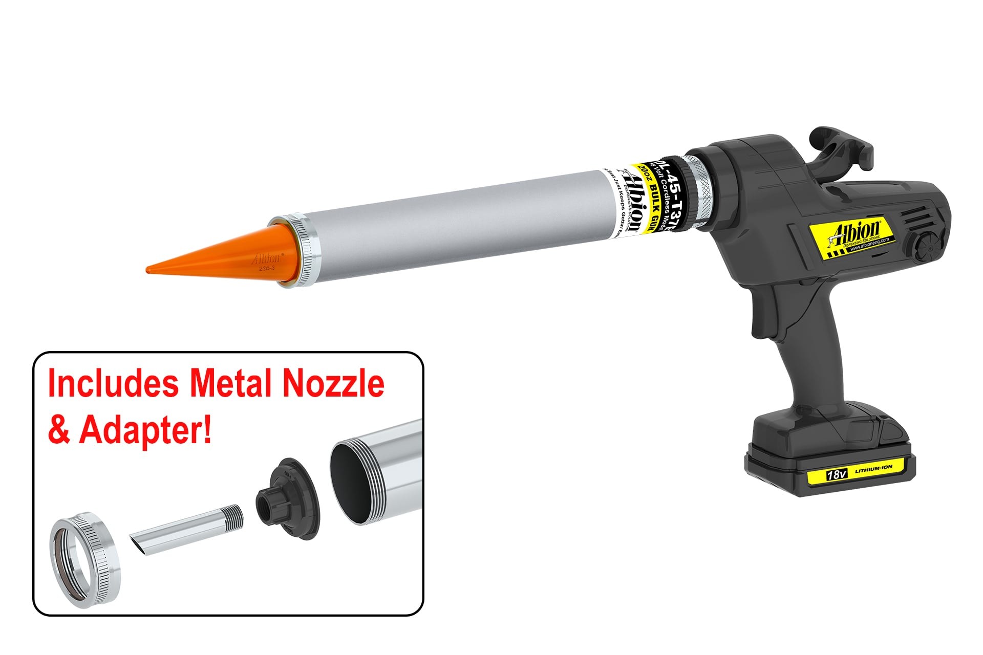 18 Volt 20 Ounce Cordless Bulk Gun with Lightweight Aluminum Barrel and Orange Cone Nozzles