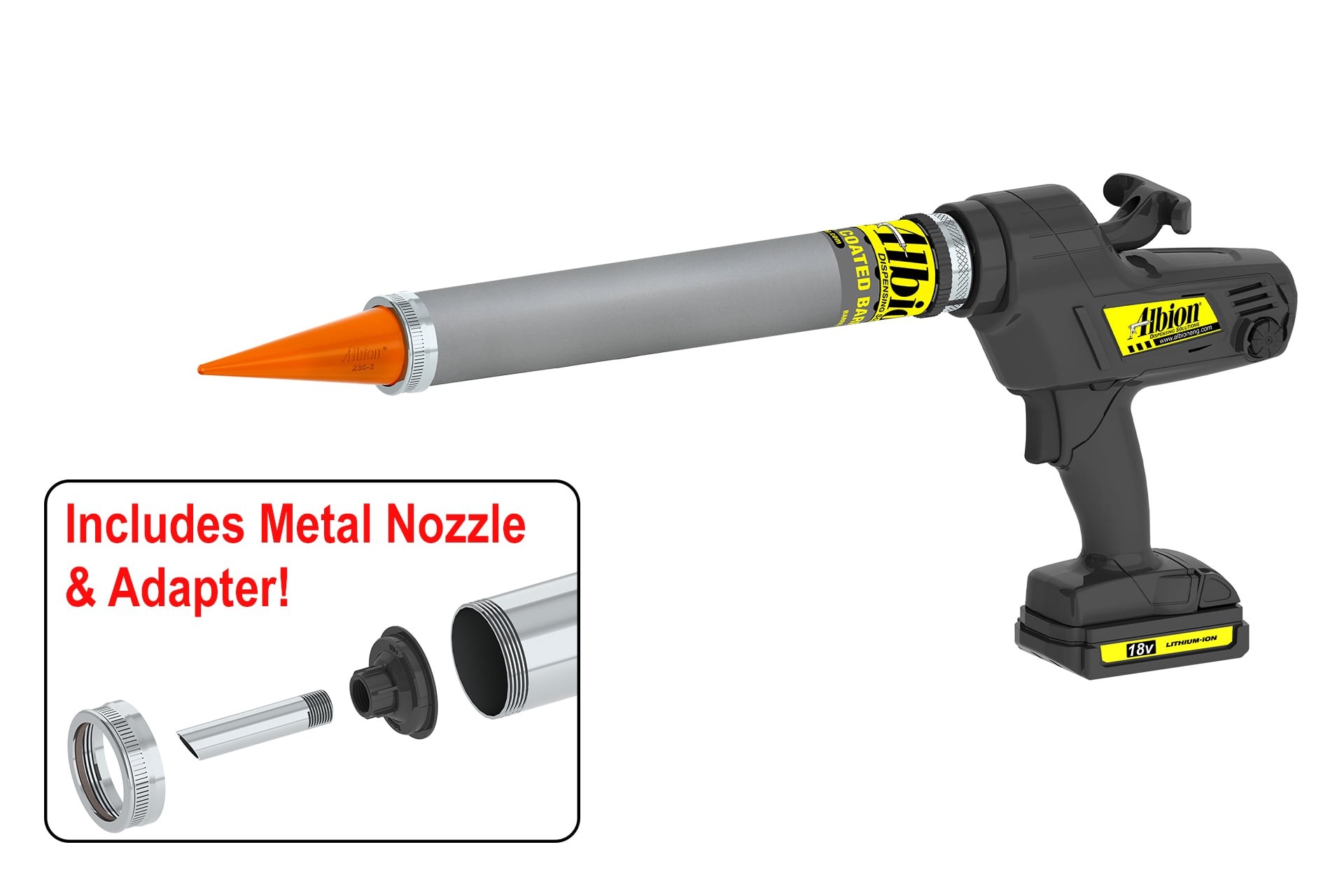 18 Volt 20 Ounce Cordless Bulk Gun with Teflon Industrial Coated Barrel and Orange Cone Nozzles