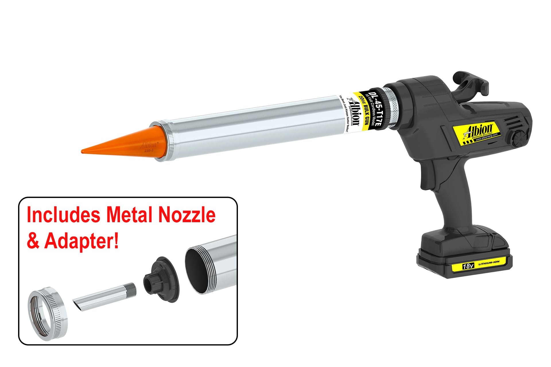 18 Volt 20 Ounce Cordless Steel Bulk Gun with Rotating Steel Barrel & Orange Cone Nozzles