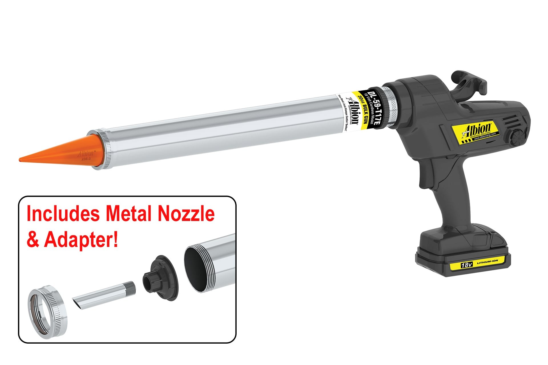 18 Volt 30 Ounce Cordless Bulk Gun Steel 2 Inch Barrel Diameter with Orange Cone Nozzles