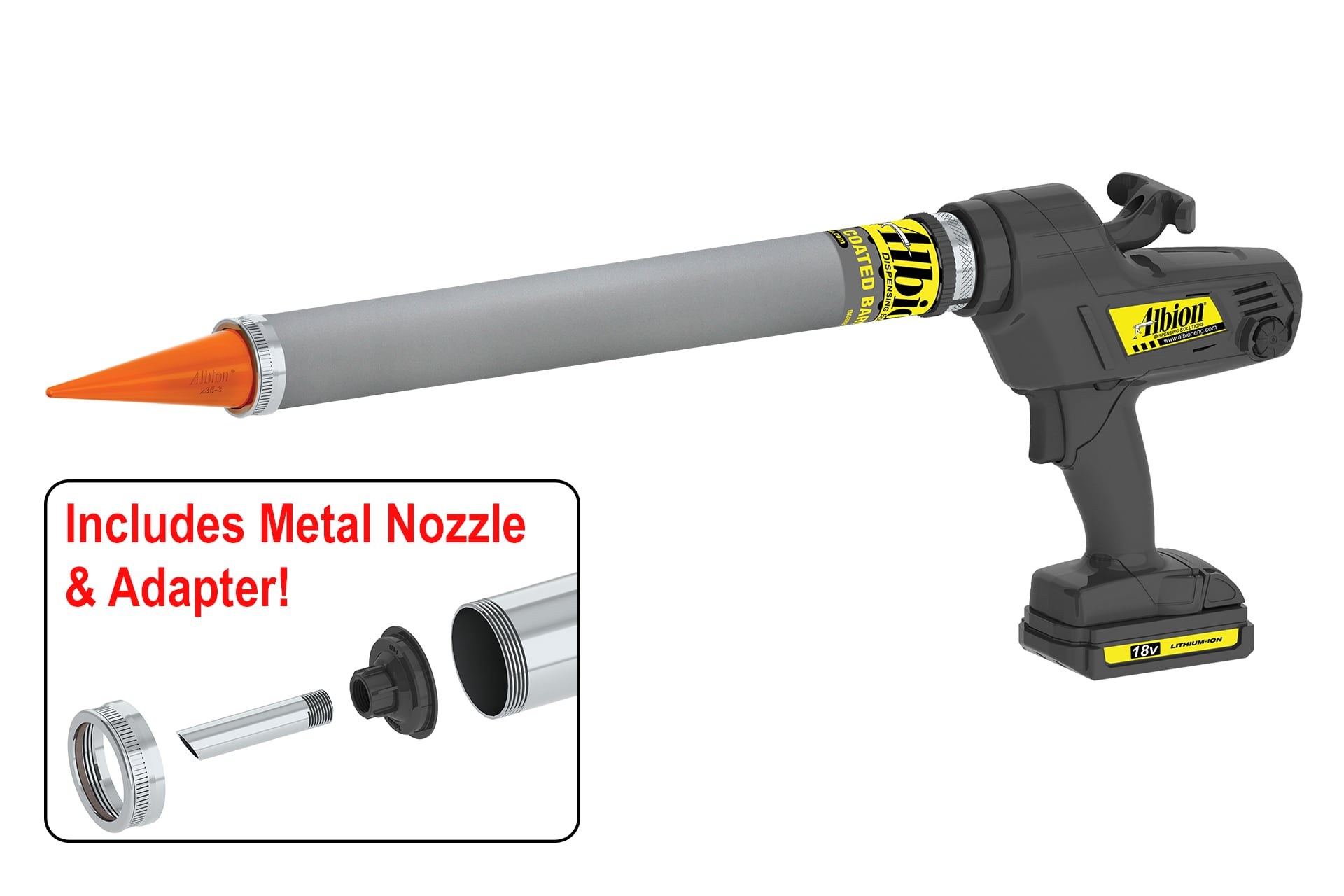 18 Volt 30 Ounce Cordless Bulk Gun with Teflon Barrel and Orange Cone Nozzles