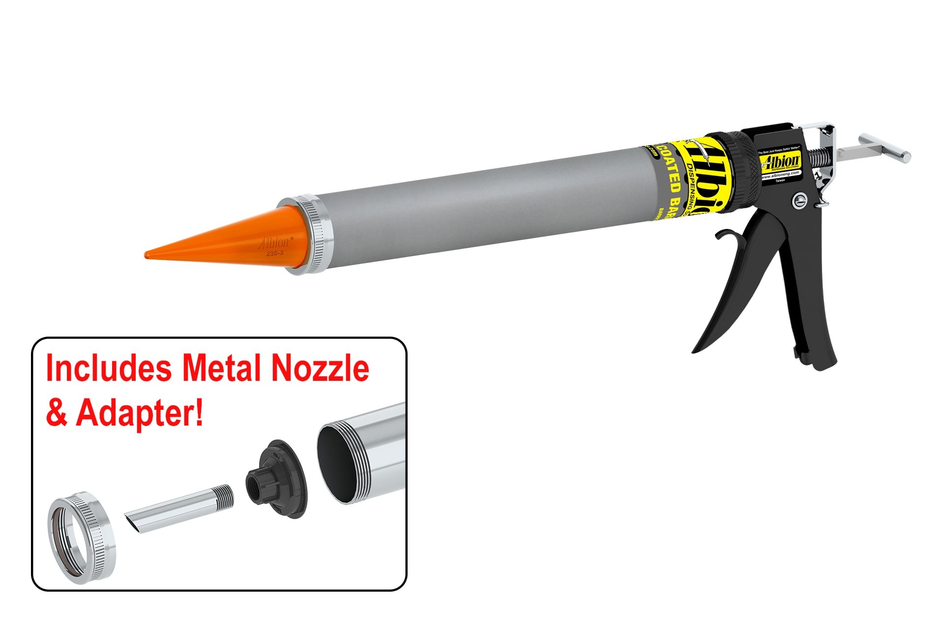 20oz Special Deluxe Manual Bulk Gun - Teflon Barrel & Orange Cone Nozzle - Albion Engineering