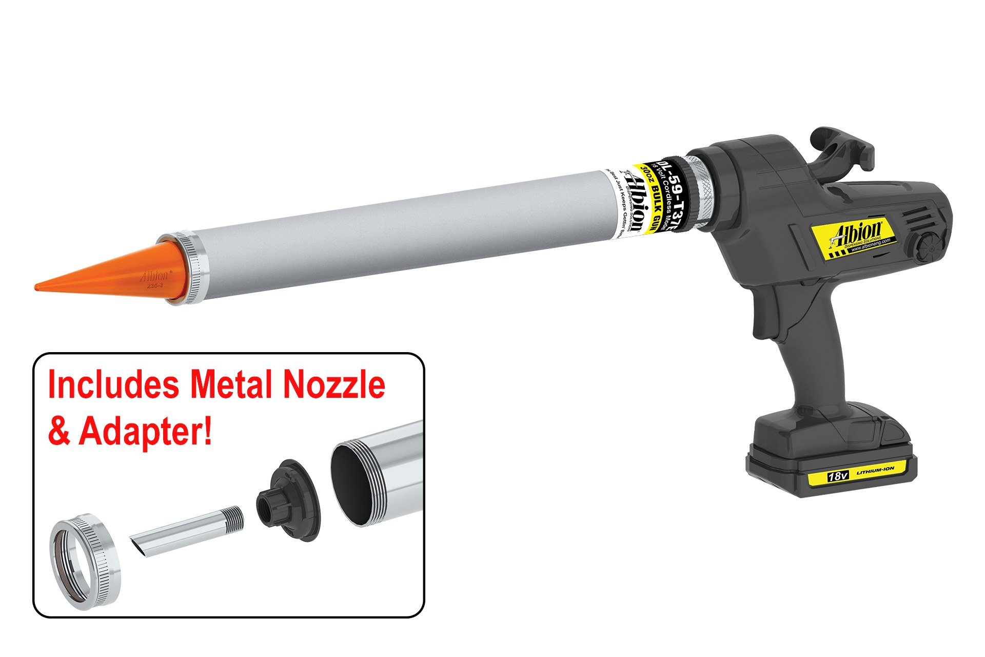 NEW! 30oz Cordless Bulk Gun w/ Aluminum Barrel and Orange Cone Nozzles 18 Volt
