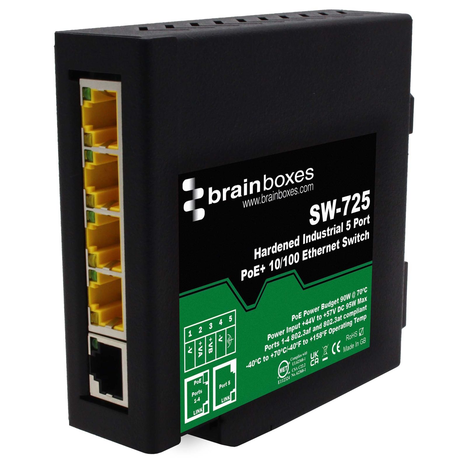 SW-725 Hardened Industrial 5 Port PoE+ 10/100 Ethernet Switch