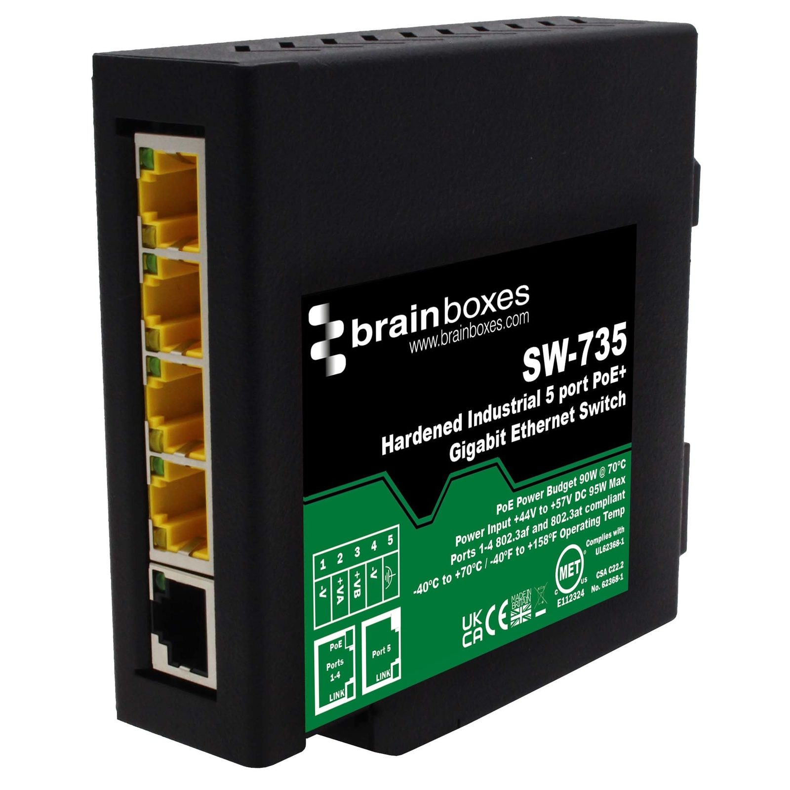SW-735 Hardened Industrial 5 Port PoE+ Gigabit Ethernet Switch