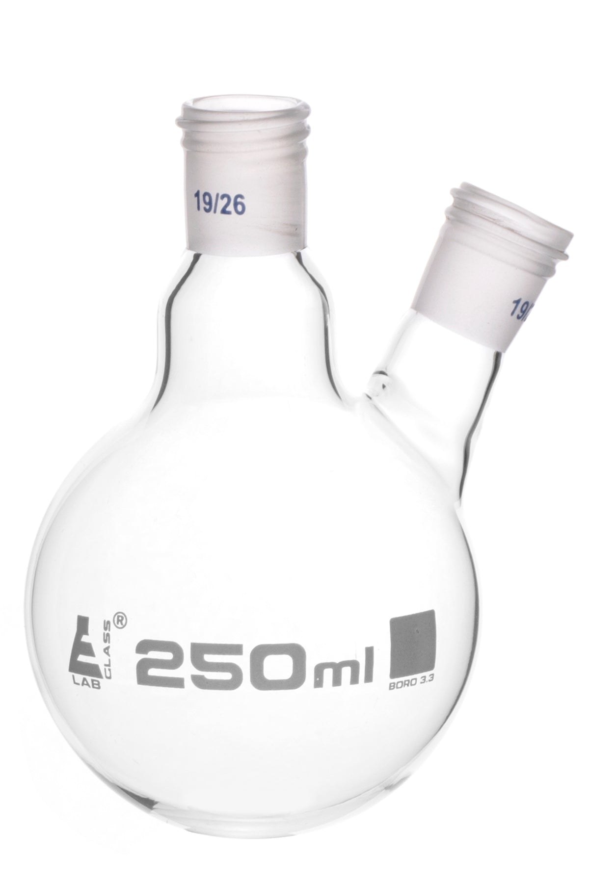 Distillation Flask with 19/26 Joints, 250ml Capacity, Two Necks, Interchangeable Screw Thread Joint, Borosilicate Glass