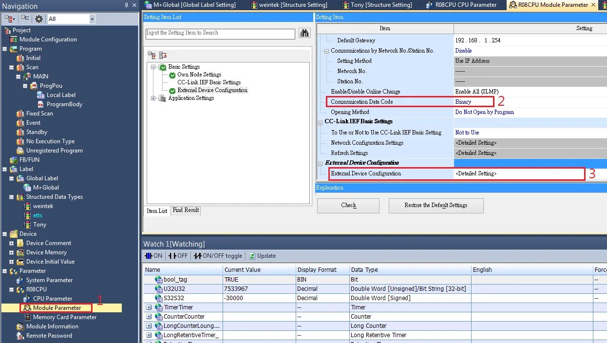 Connection Parameters Needed for HMI/cMT Products to Communicate with a Mitsubishi iQ-R Series (Binary Mode, Symbolic Ad