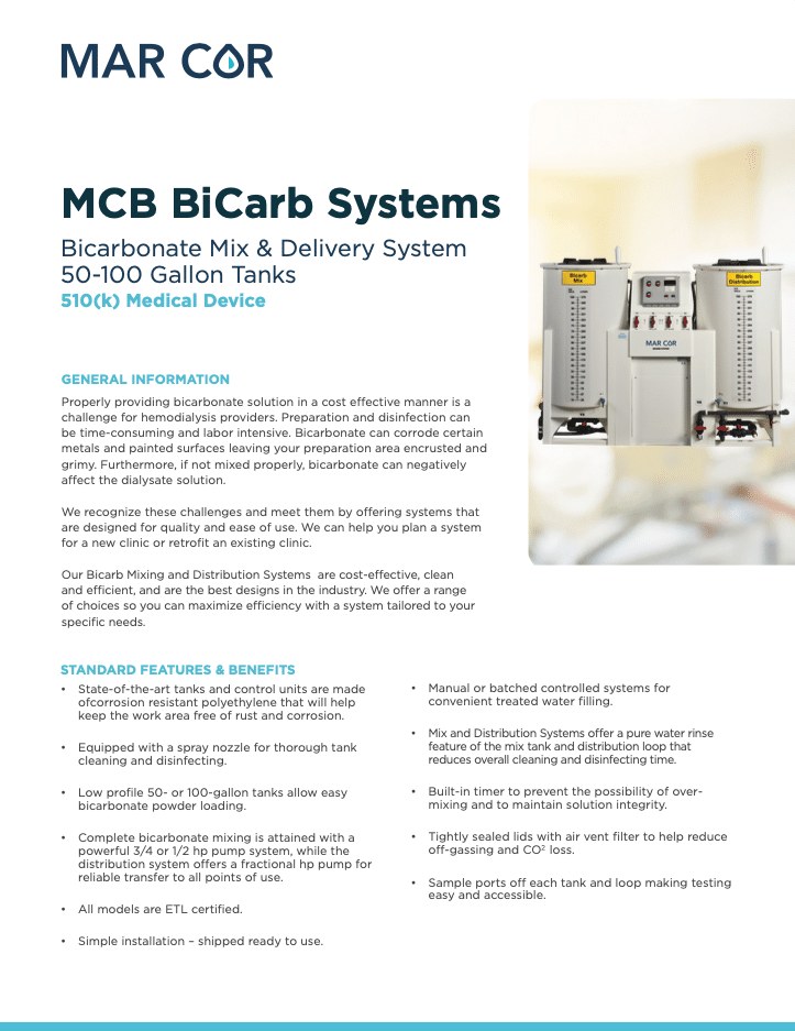 MCB Bicarbonate Mix & Distribution System Datasheet - Mar Cor | Water, Filtration, & Disinfection Technologies