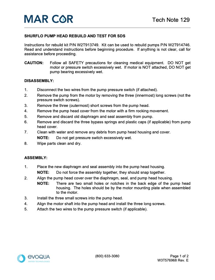 Tech Note 129-Shurflo Pump Head Rebuild and Test - Mar Cor | Water, Filtration, & Disinfection Technologies