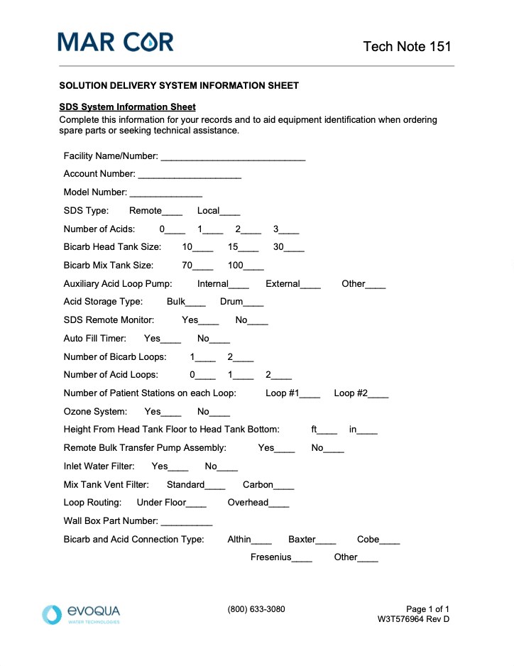 Tech Note 151-Solution Delivery System Information Log Sheet - Mar Cor | Water, Filtration, & Disinfection Technolog