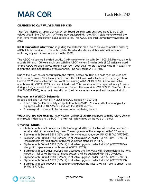 Tech Note 242-Changes to CWP Valves and PM Kits - Mar Cor | Water, Filtration, & Disinfection Technologies