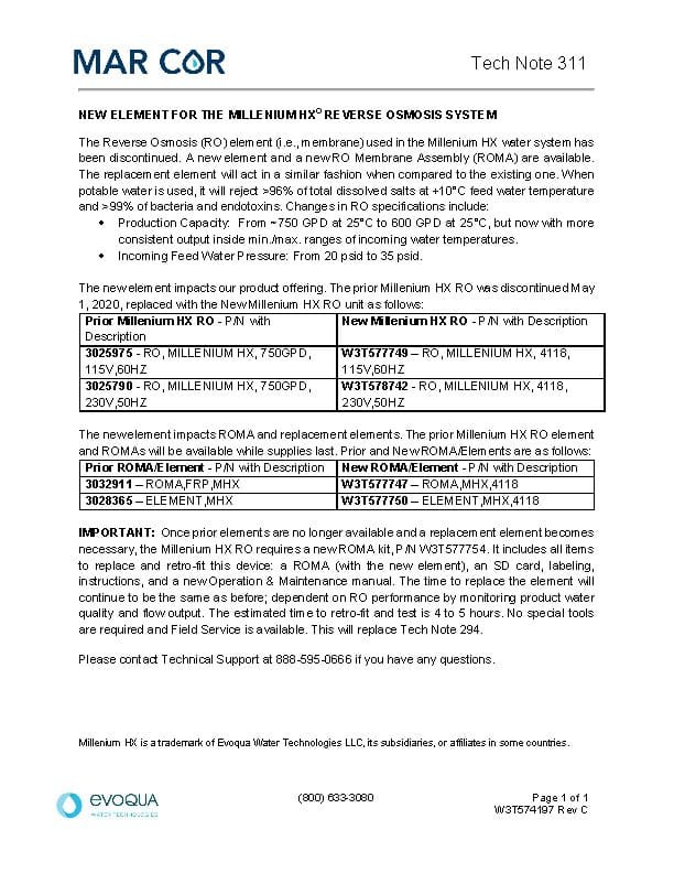 Tech Note 311-Millenium HX Reverse Osmosis System-New Element - Mar Cor | Water, Filtration, & Disinfection Technolo