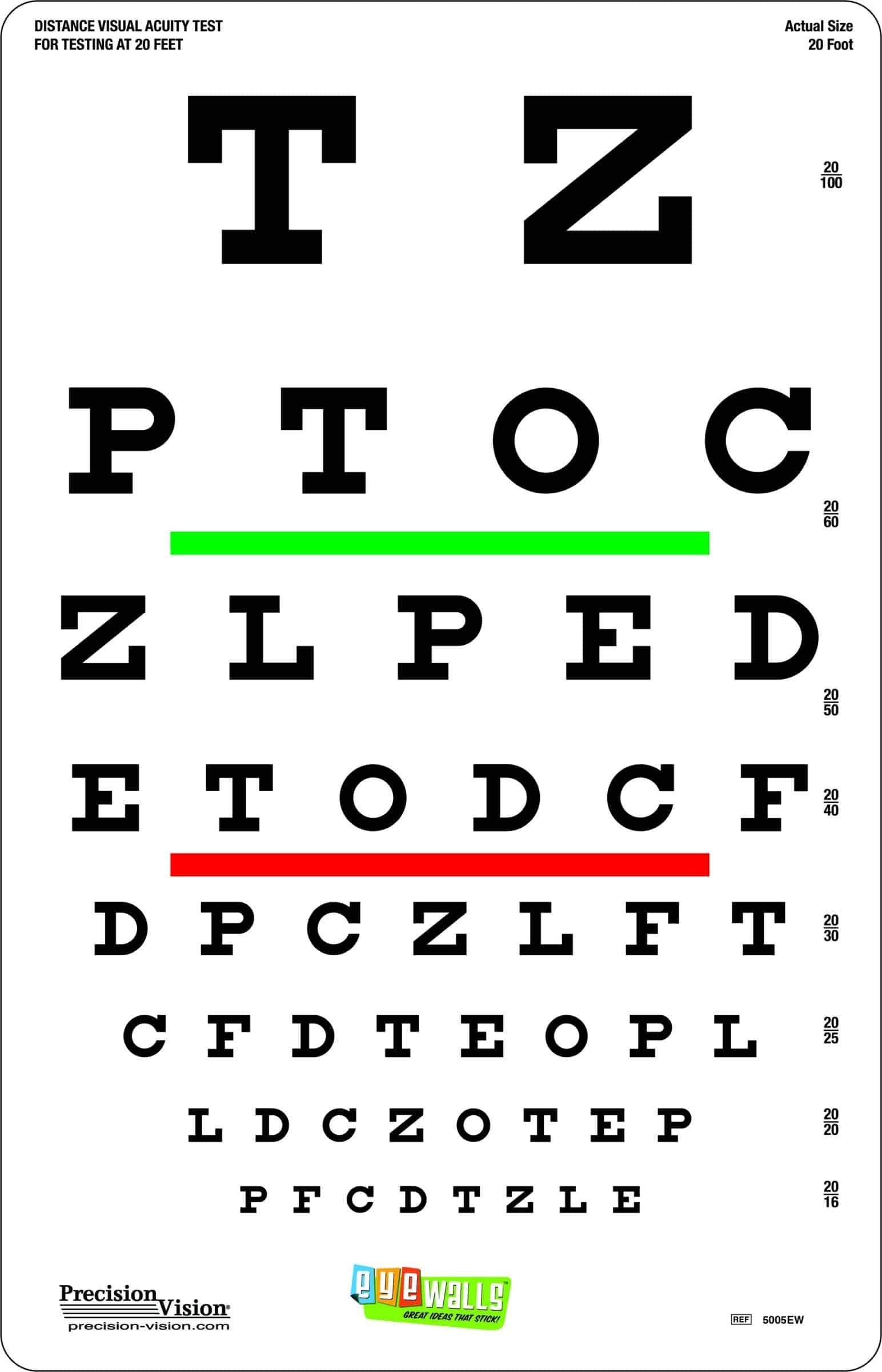 EyeWalls™ Peel/Stick 20 Foot Snellen Eye Chart for Visual Acuity & Color Vision
