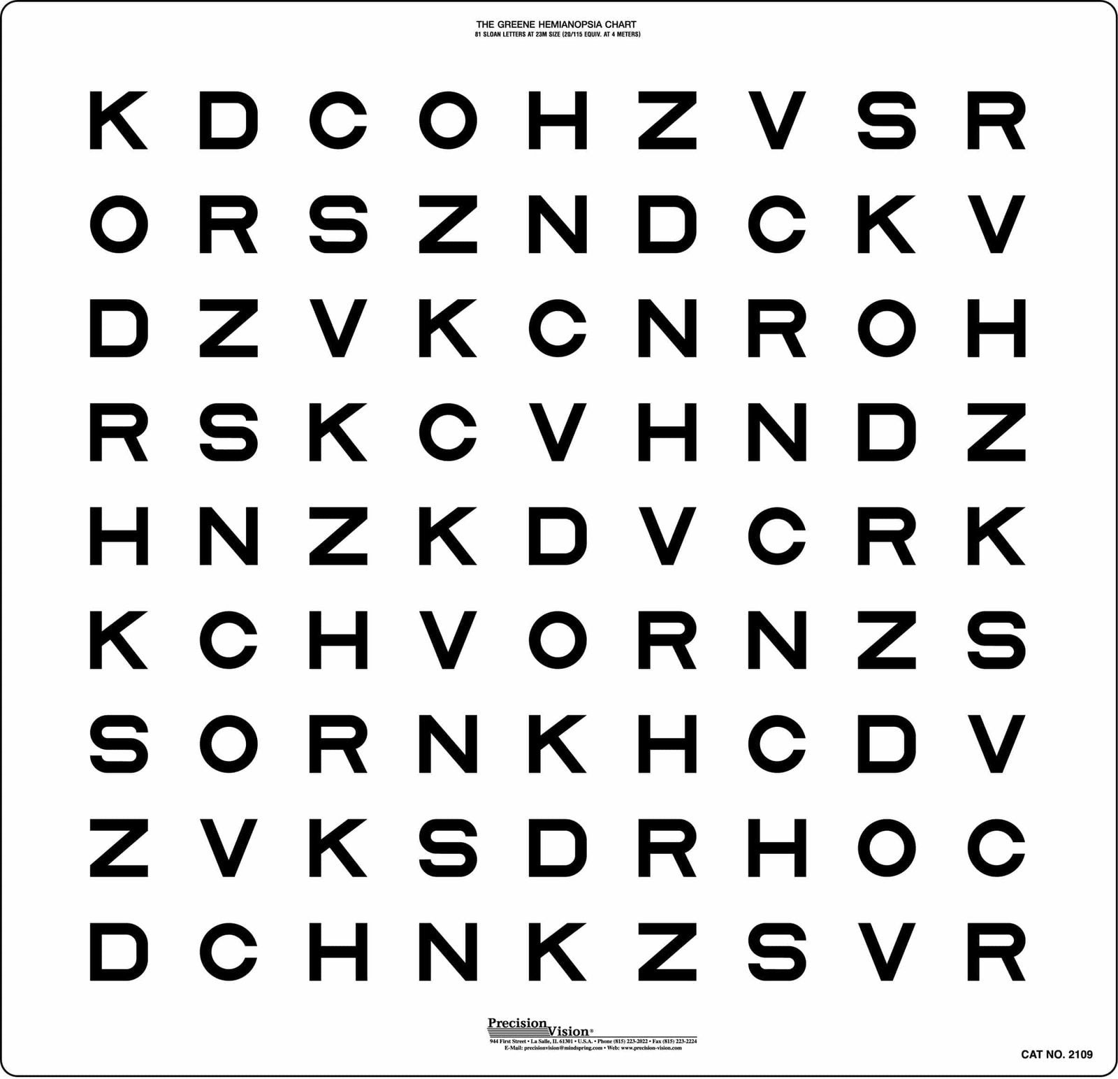 SLOAN Greene Hemianopsia Translucent Distance Chart