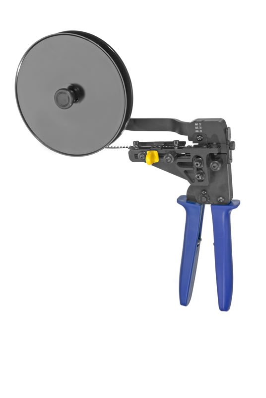 Hand crimp tool with reel hanger for stamped HD D-Sub crimp contacts
