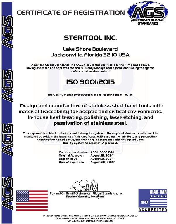 STERITOOL ISO 9001:2015 Certified